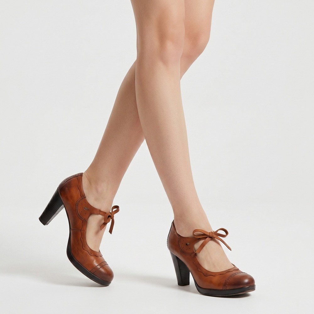 Brown Leather Scalloped Mary Jane Rockabilly Pumps Italy 37.5 Pin-up Romantic